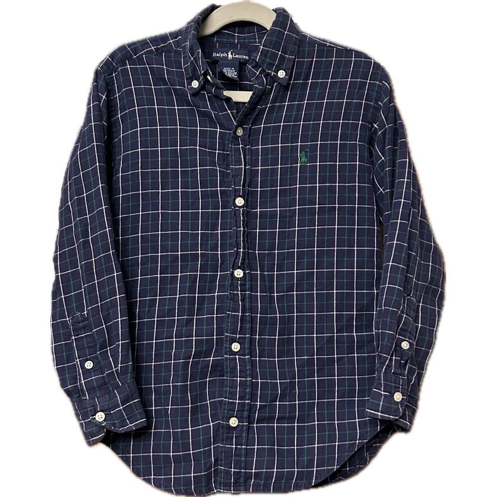 Ralph Lauren Boys 6 Blue Navy Blue Long Sleeve Plaid Button Shirt With Pony Logo